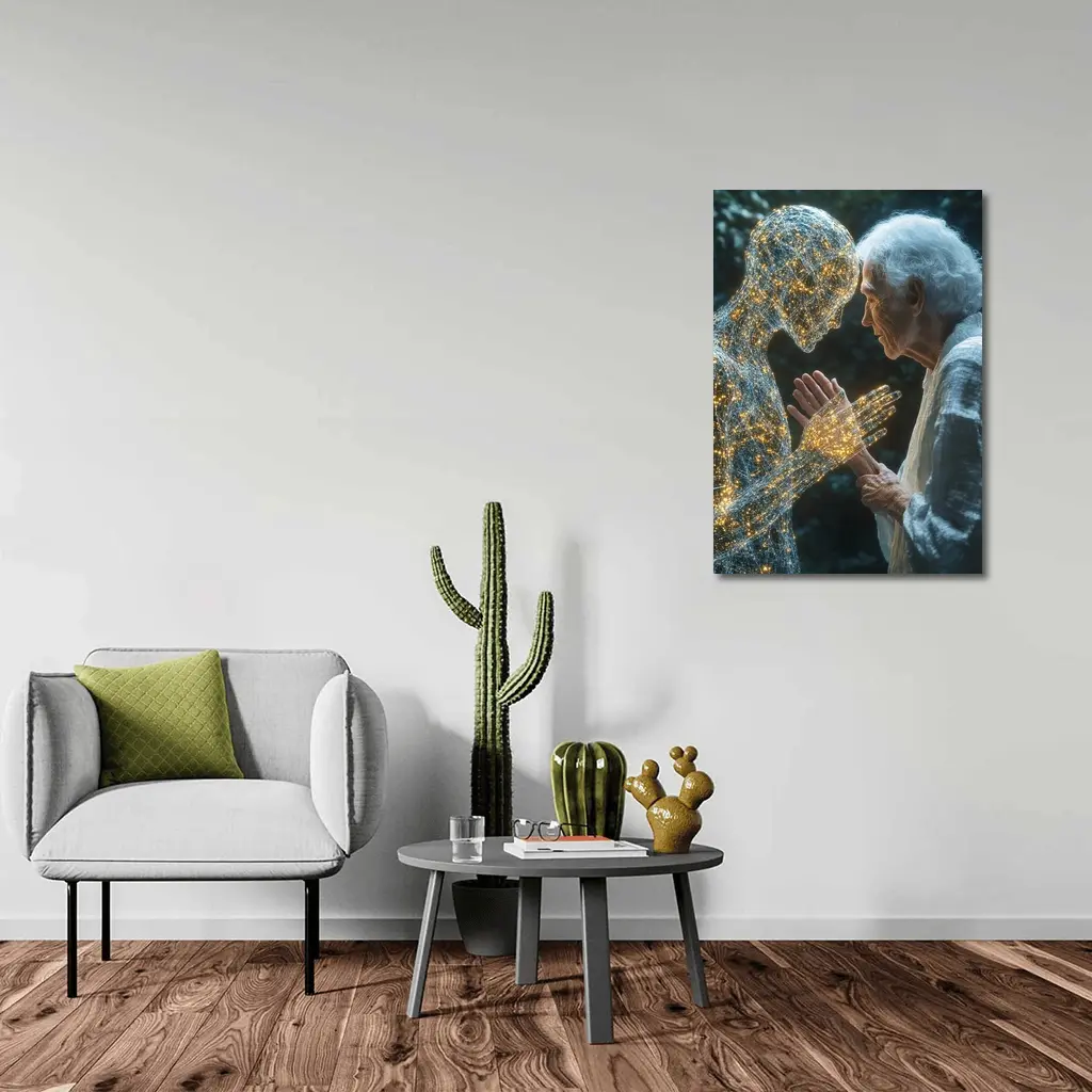 Elderly Woman Touching Glowing Wire Figure – Wall Art