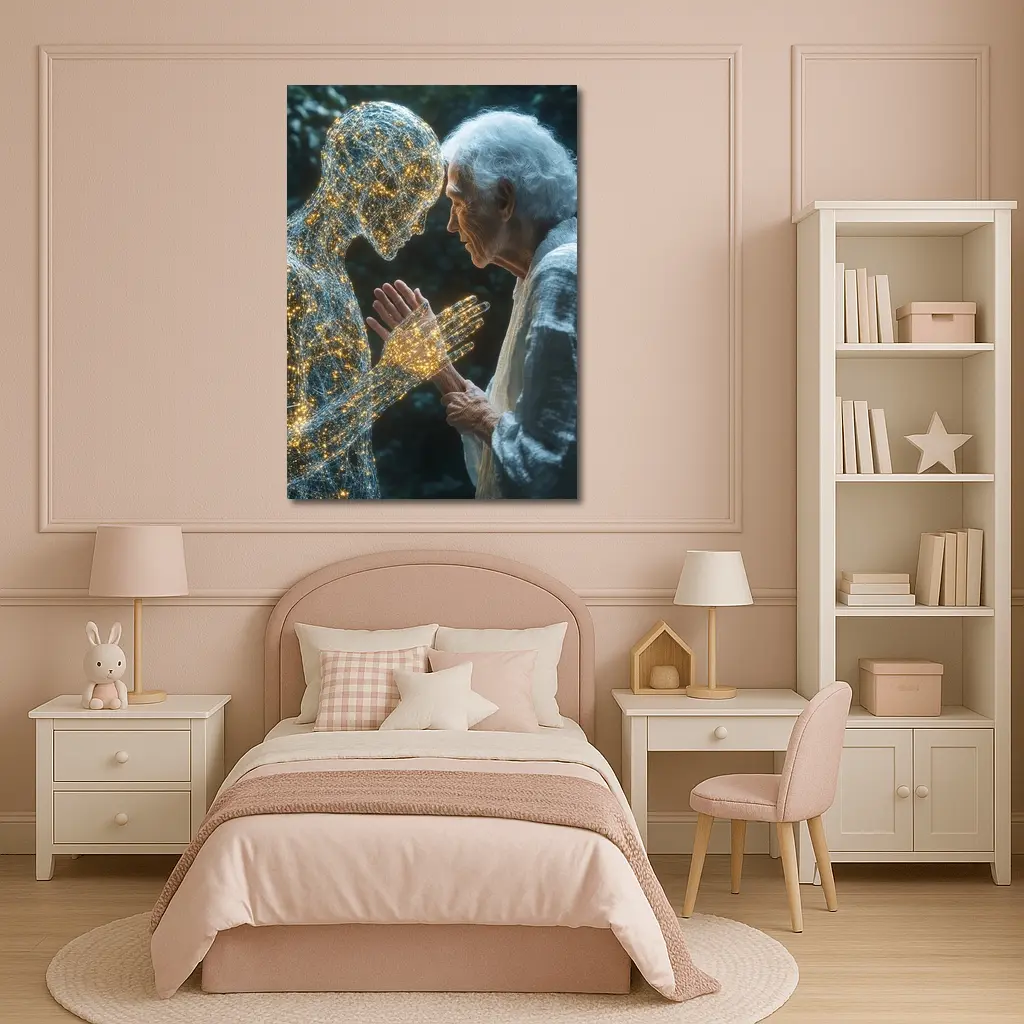 Elderly Woman Touching Glowing Wire Figure – Wall Art