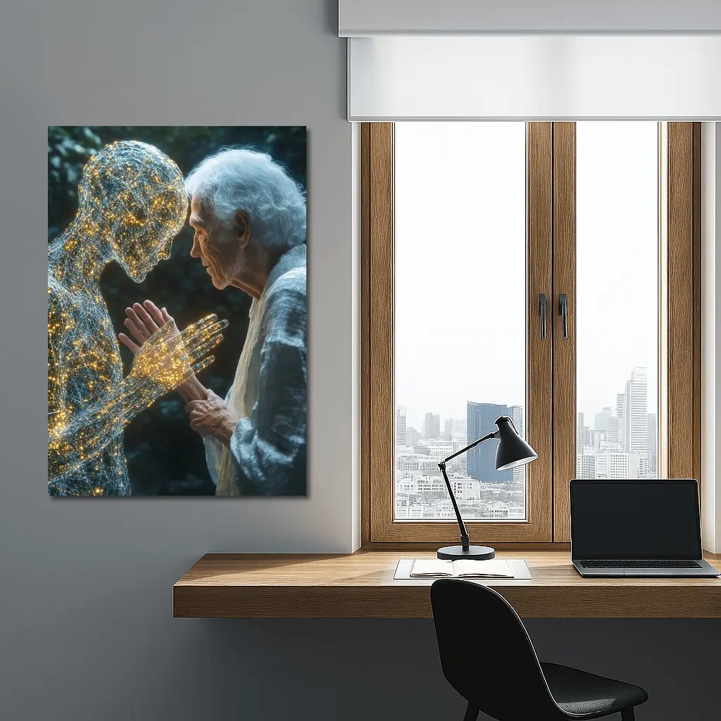 Elderly Woman Touching Glowing Wire Figure – Wall Art
