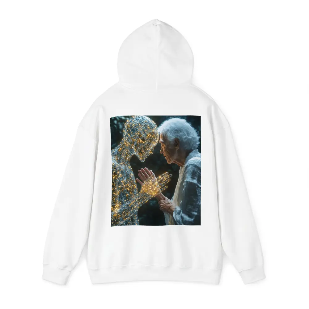 Elderly Woman Touching Glowing Wire Figure – Hoodies