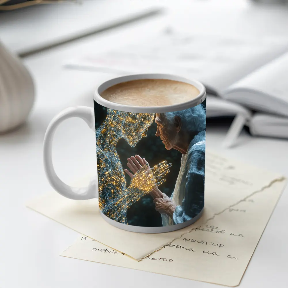 Elderly Woman Touching Glowing Wire Figure – Mugs