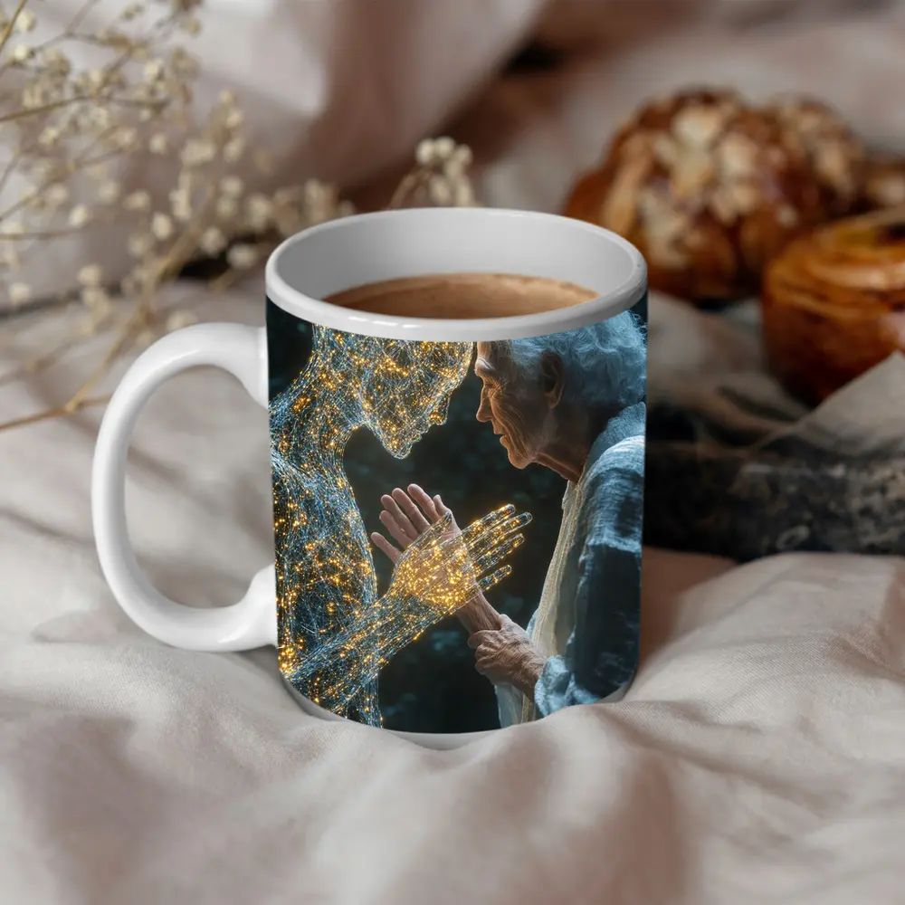 Elderly Woman Touching Glowing Wire Figure – Mugs