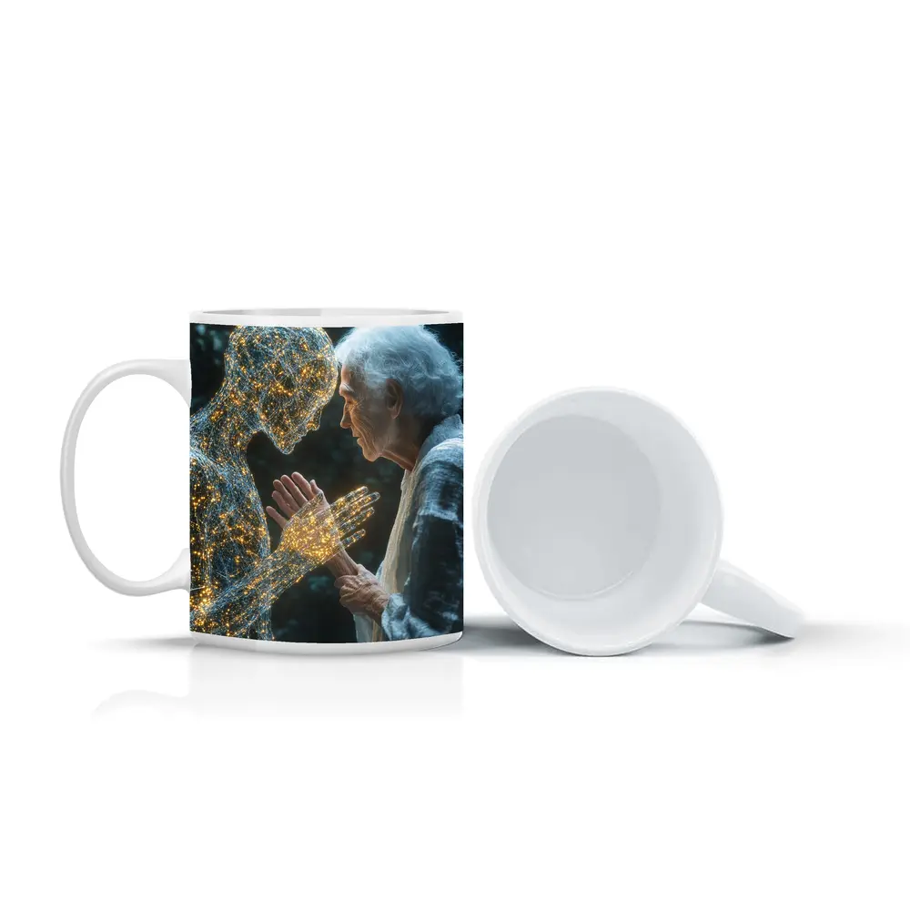 Elderly Woman Touching Glowing Wire Figure – Mugs
