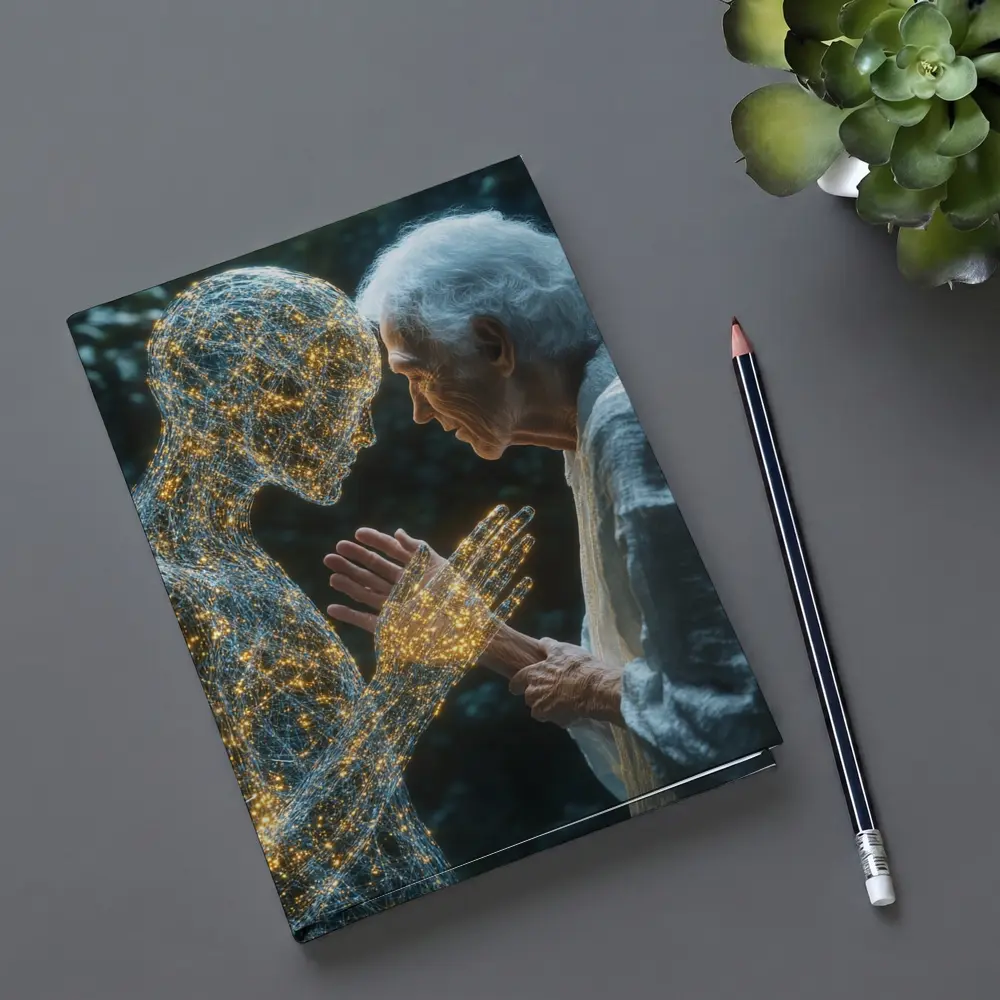 Elderly Woman Touching Glowing Wire Figure – Notebooks