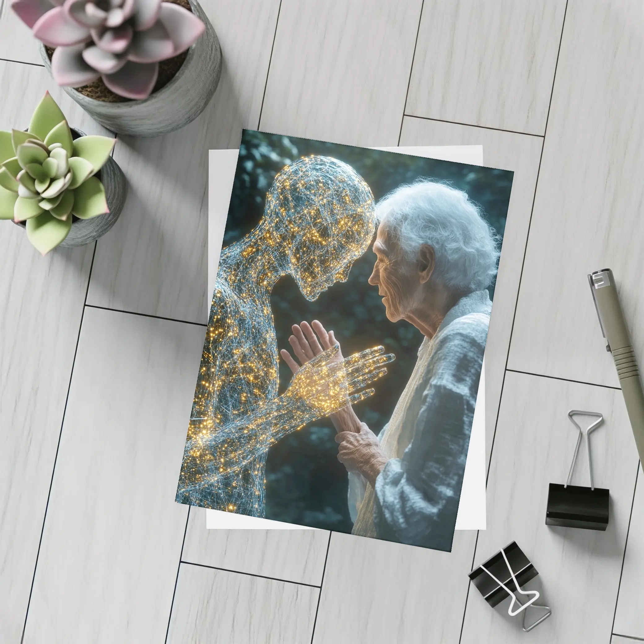 Elderly Woman Touching Glowing Wire Figure – Postcards