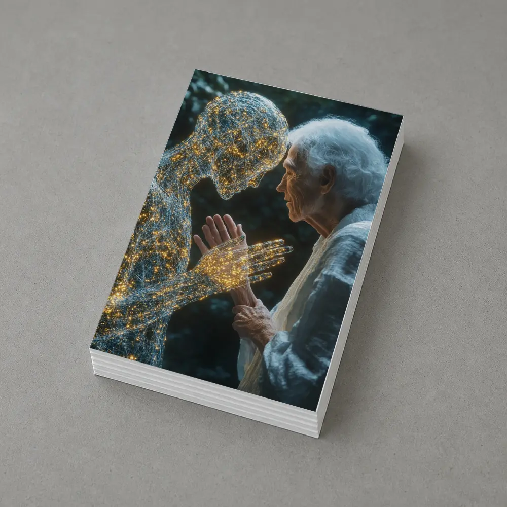 Elderly Woman Touching Glowing Wire Figure – Postcards