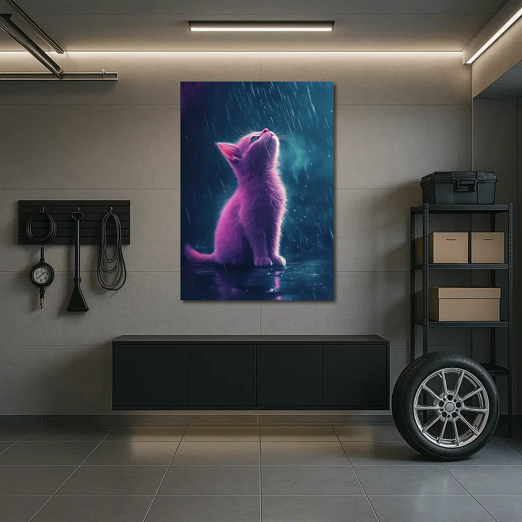 Pink Kitten Looking Up In Rain – Wall Art