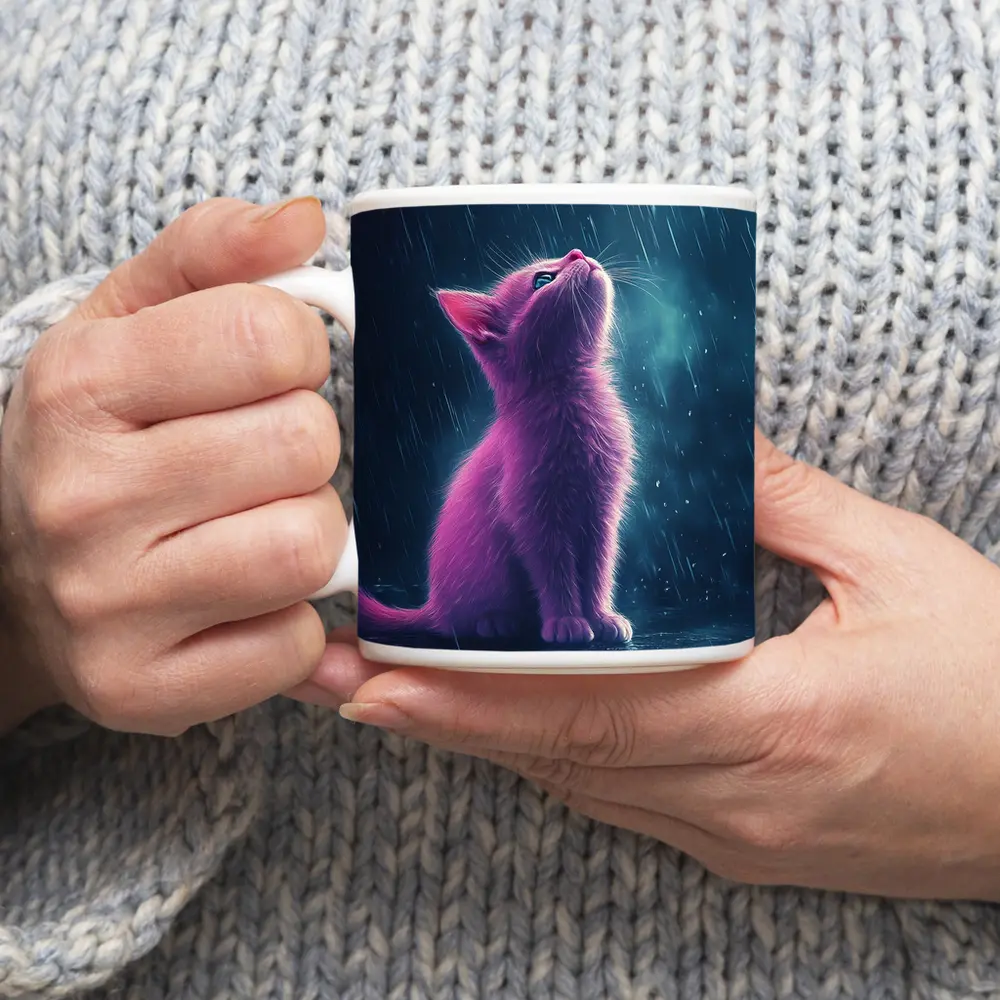 Pink Kitten Looking Up In Rain – Mugs