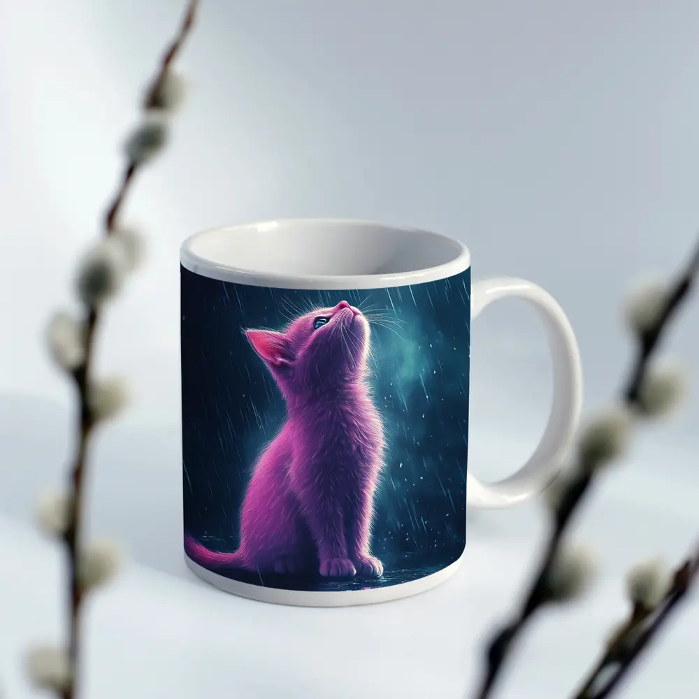 Pink Kitten Looking Up In Rain – Mugs