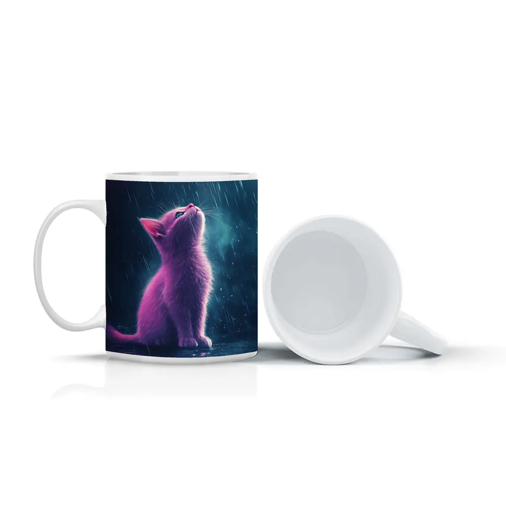 Pink Kitten Looking Up In Rain – Mugs