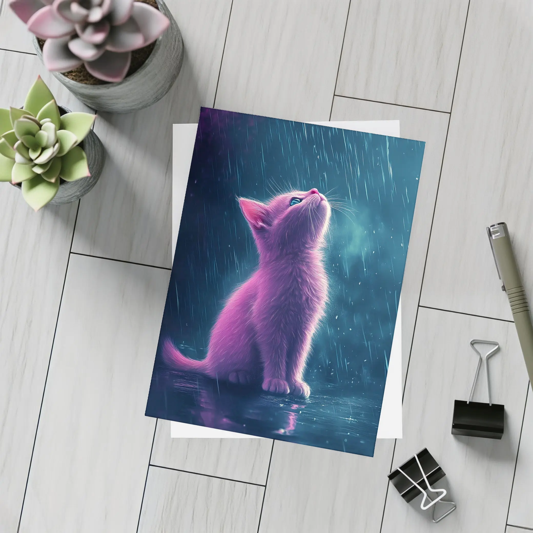 Pink Kitten Looking Up In Rain – Postcards