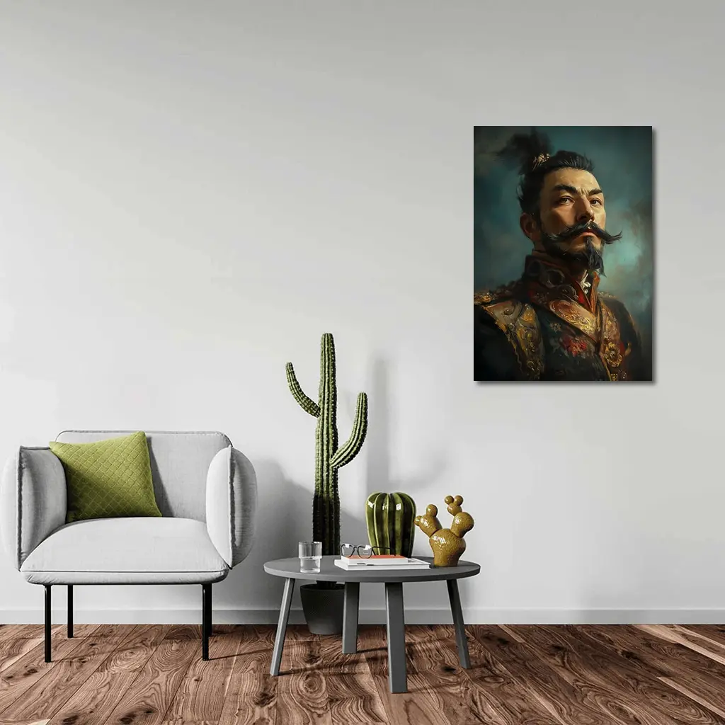 Asian Warrior Portrait Oil Painting Blue Background – Wall Art