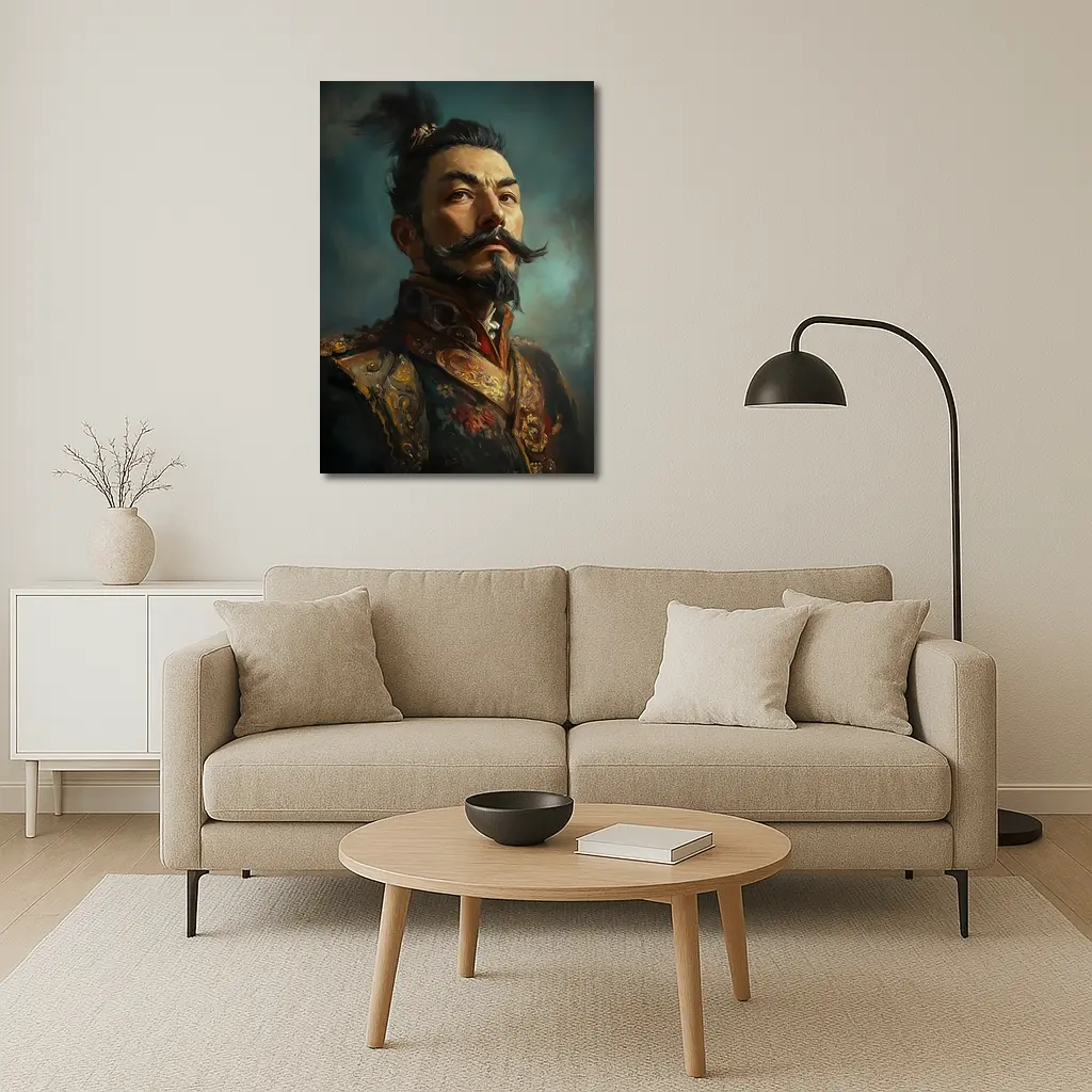Asian Warrior Portrait Oil Painting Blue Background – Wall Art