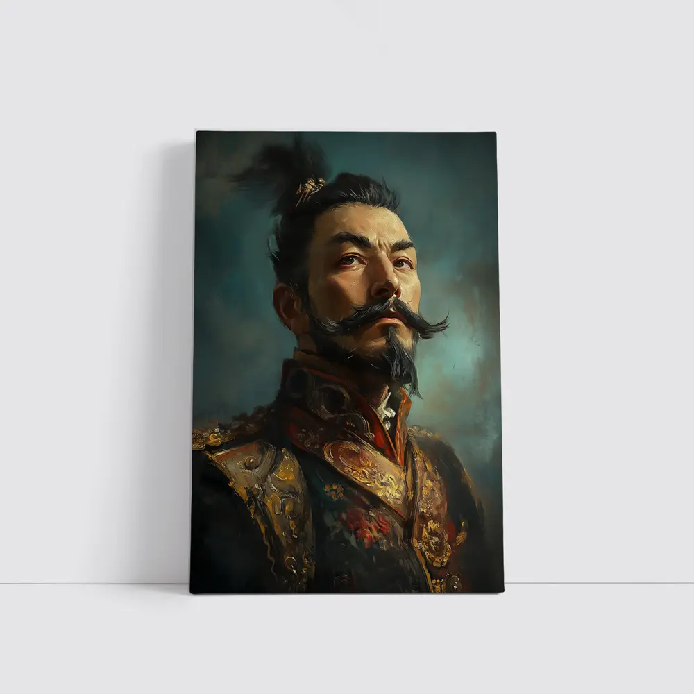Asian Warrior Portrait Oil Painting Blue Background – Wall Art