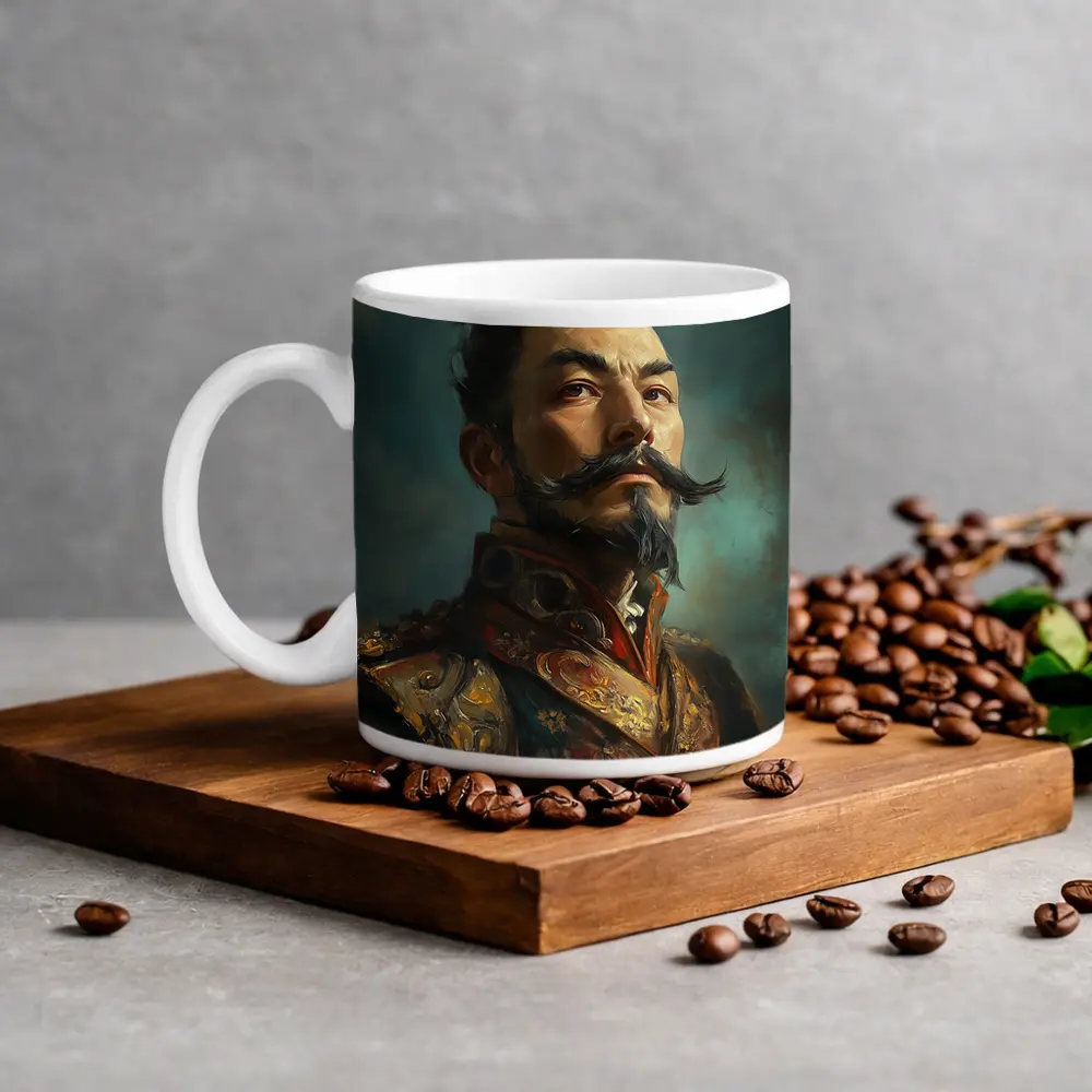 Asian Warrior Portrait Oil Painting Blue Background – Mugs