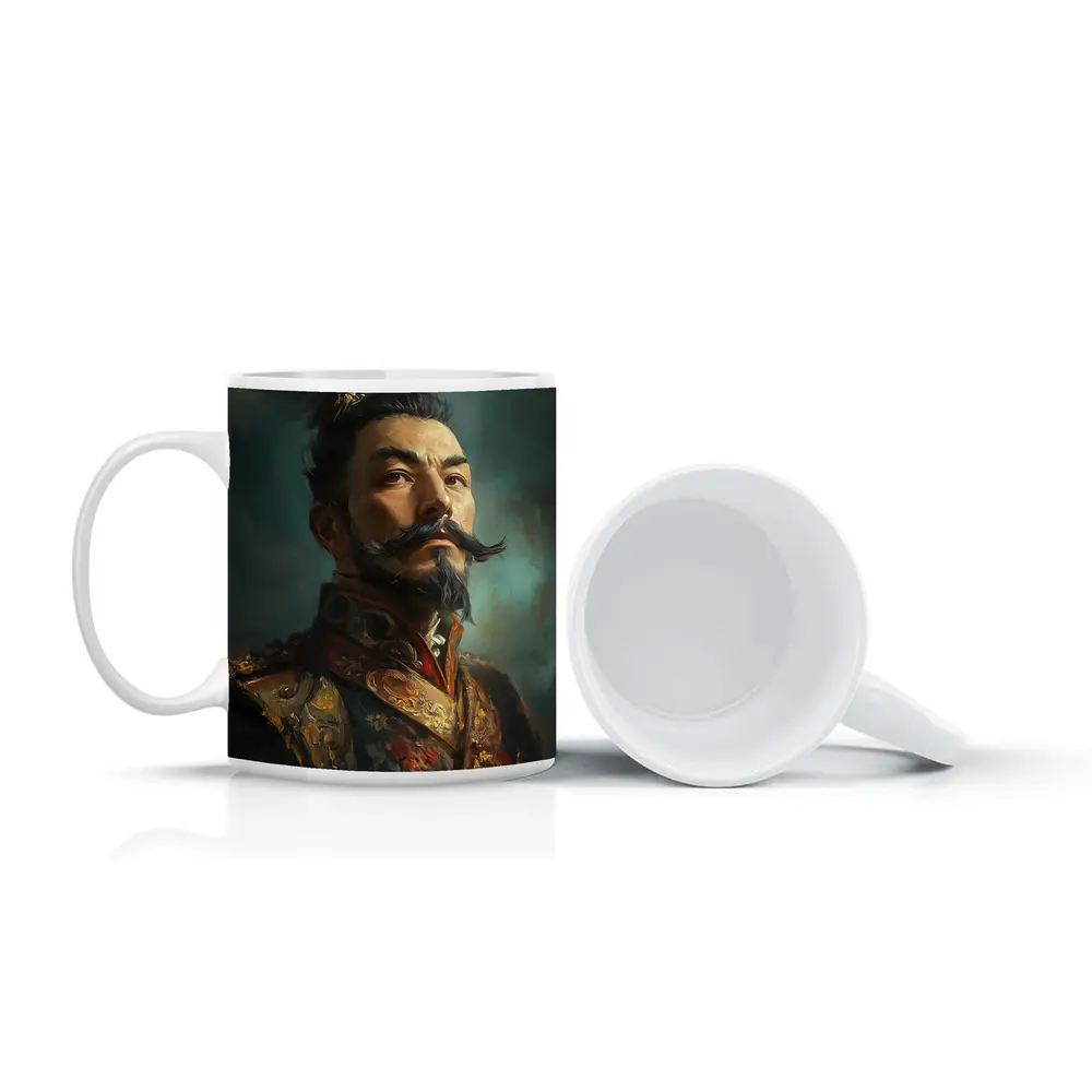 Asian Warrior Portrait Oil Painting Blue Background – Mugs
