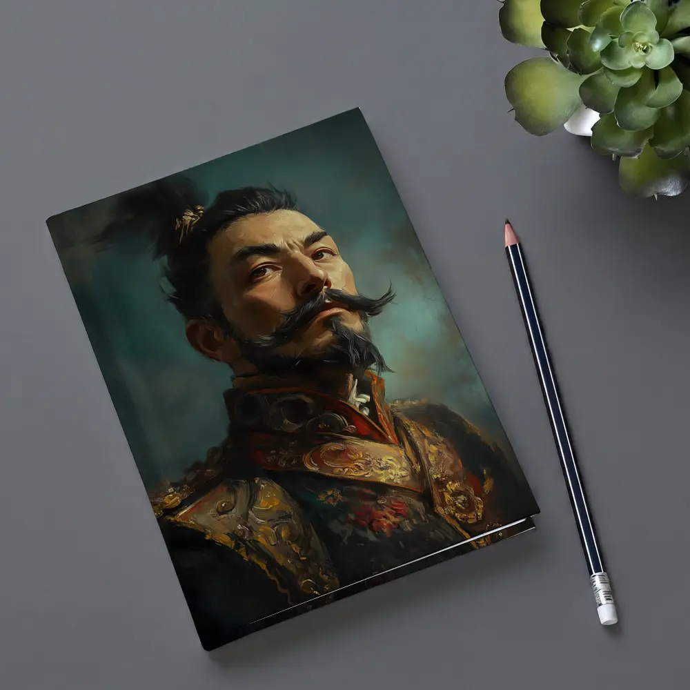 Asian Warrior Portrait Oil Painting Blue Background – Notebooks