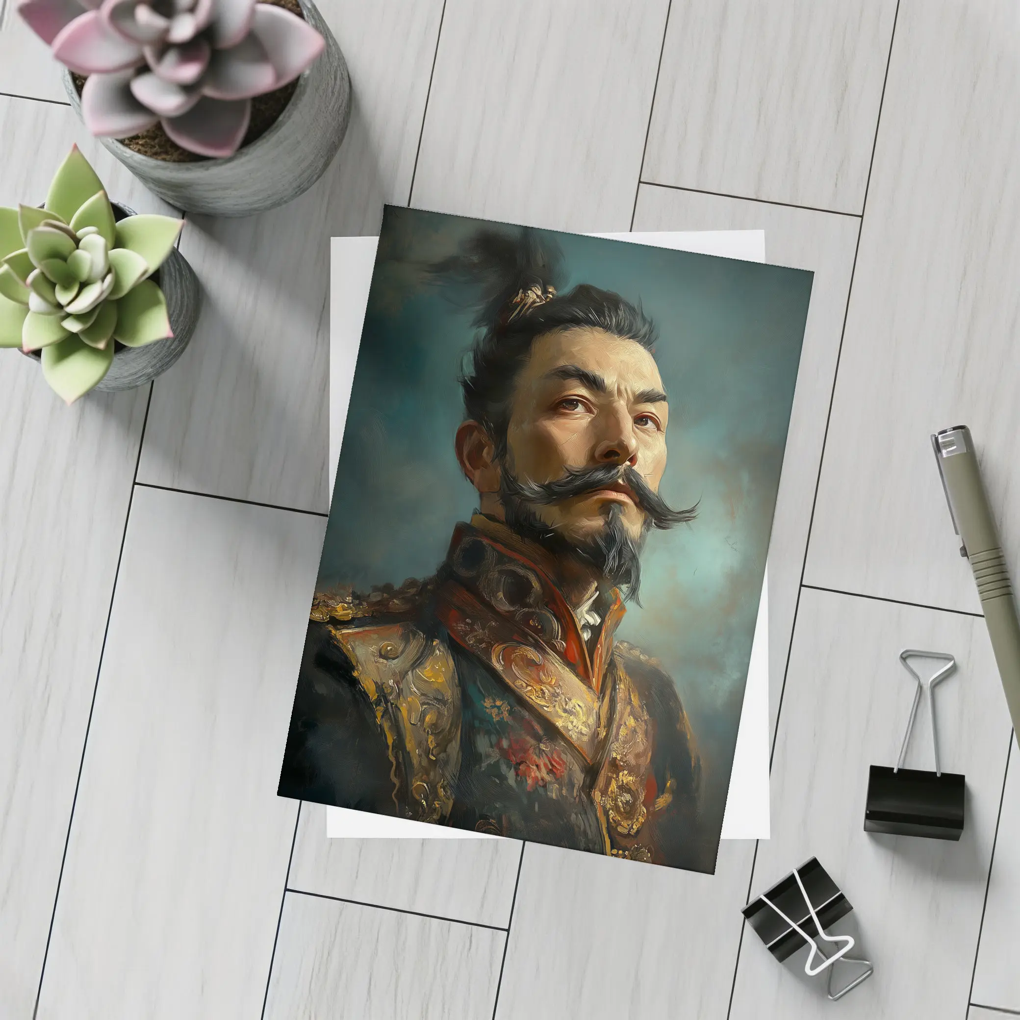 Asian Warrior Portrait Oil Painting Blue Background – Postcards