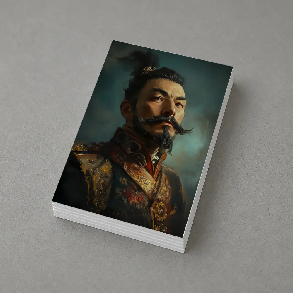 Asian Warrior Portrait Oil Painting Blue Background – Postcards