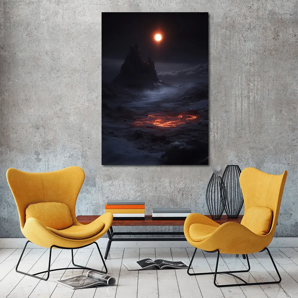 Dark Fantasy Volcanic Landscape Glowing Moon – Wall Art
