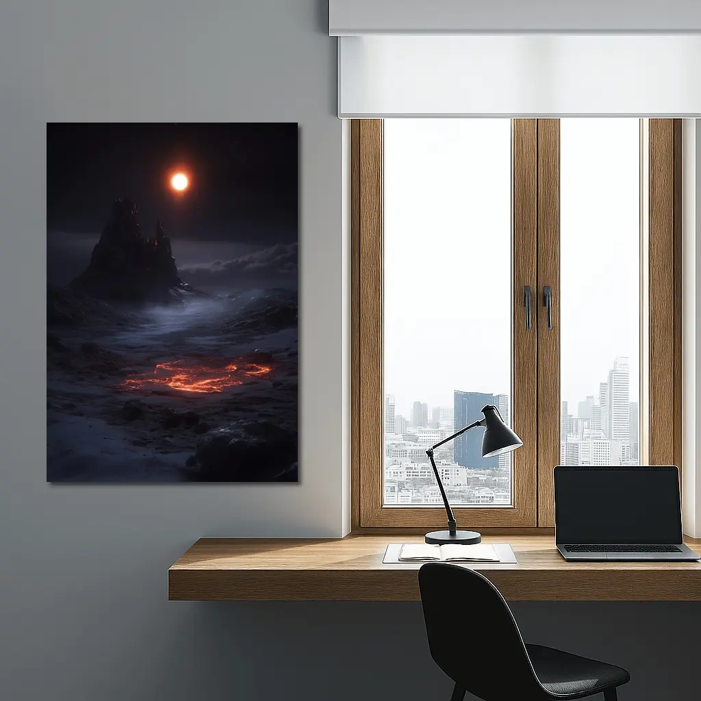 Dark Fantasy Volcanic Landscape Glowing Moon – Wall Art
