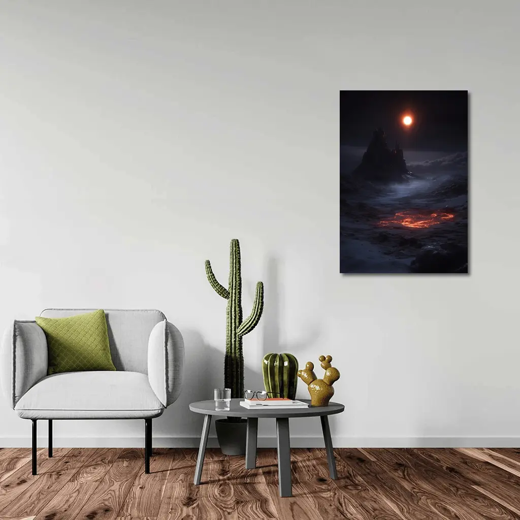 Dark Fantasy Volcanic Landscape Glowing Moon – Wall Art