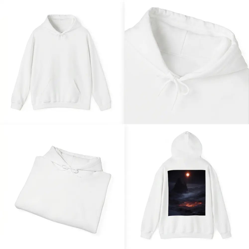 Dark Fantasy Volcanic Landscape Glowing Moon – Hoodies