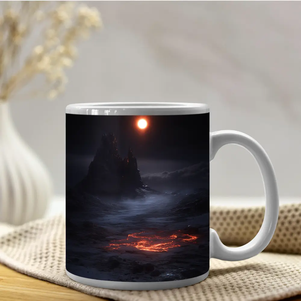 Dark Fantasy Volcanic Landscape Glowing Moon – Mugs