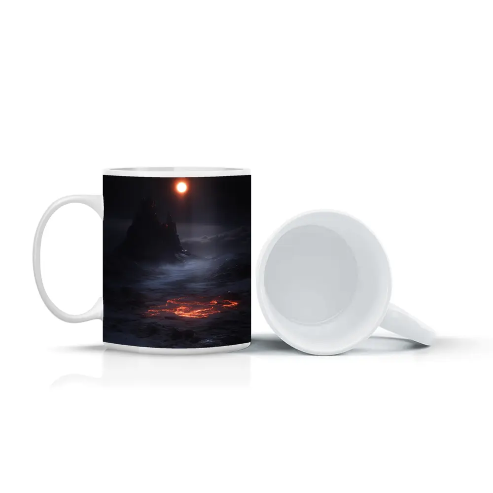 Dark Fantasy Volcanic Landscape Glowing Moon – Mugs