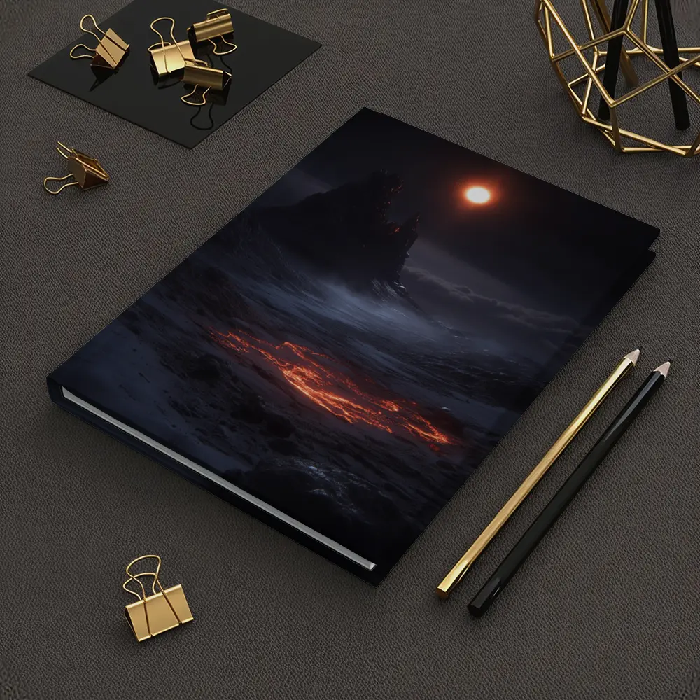 Dark Fantasy Volcanic Landscape Glowing Moon – Notebooks