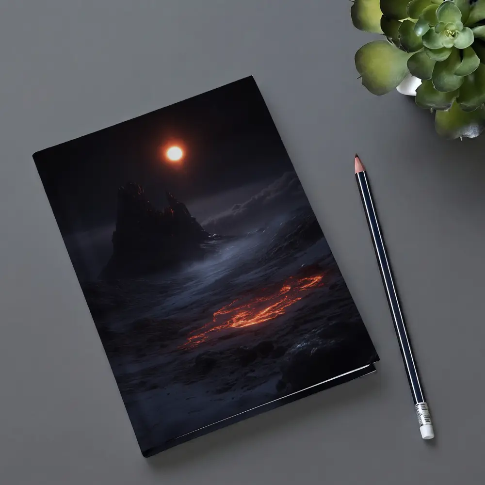 Dark Fantasy Volcanic Landscape Glowing Moon – Notebooks