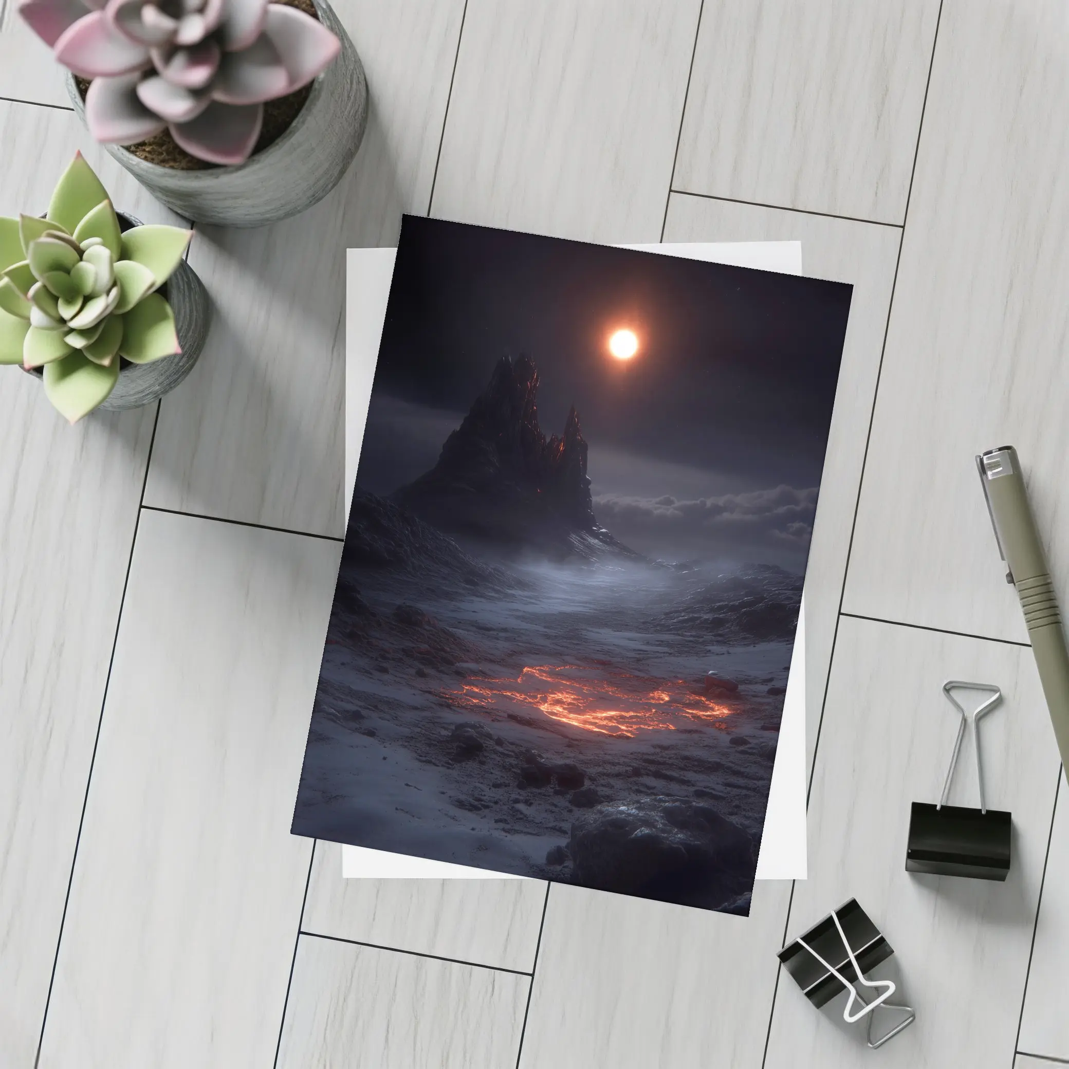 Dark Fantasy Volcanic Landscape Glowing Moon – Postcards
