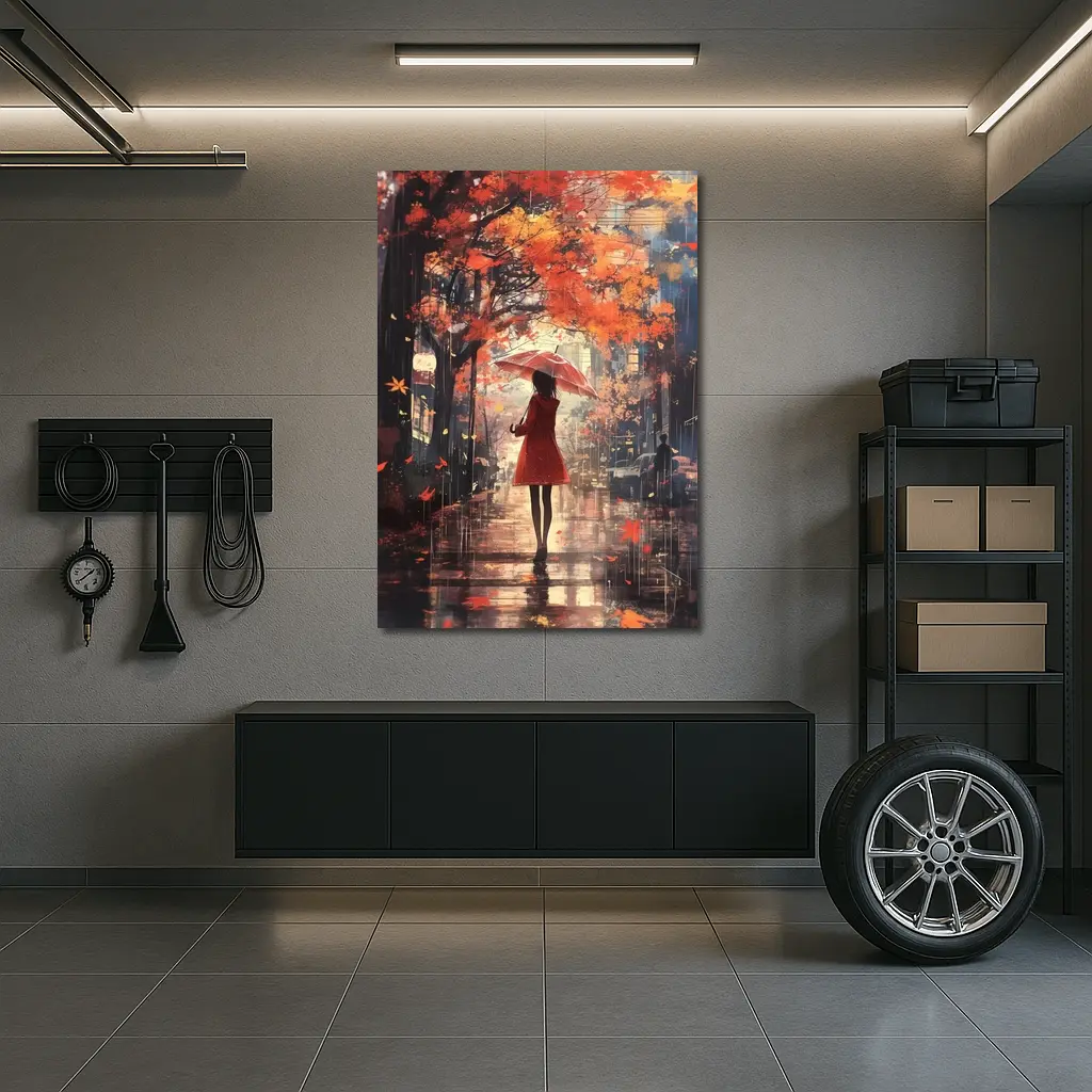 Anime Girl Red Umbrella Autumn Rain Street – Wall Art
