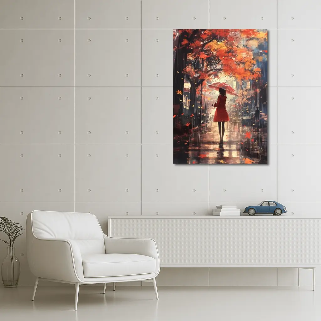 Anime Girl Red Umbrella Autumn Rain Street – Wall Art