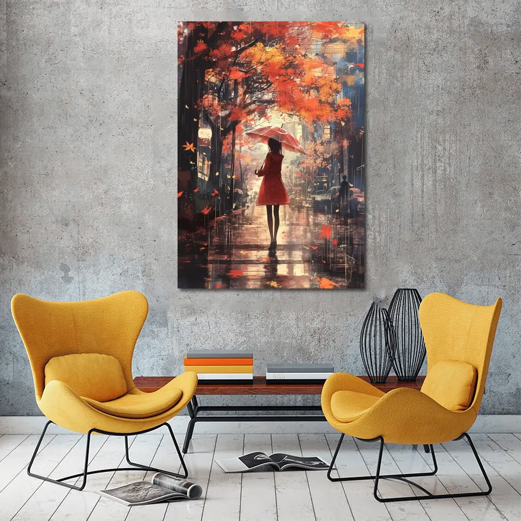 Anime Girl Red Umbrella Autumn Rain Street – Wall Art