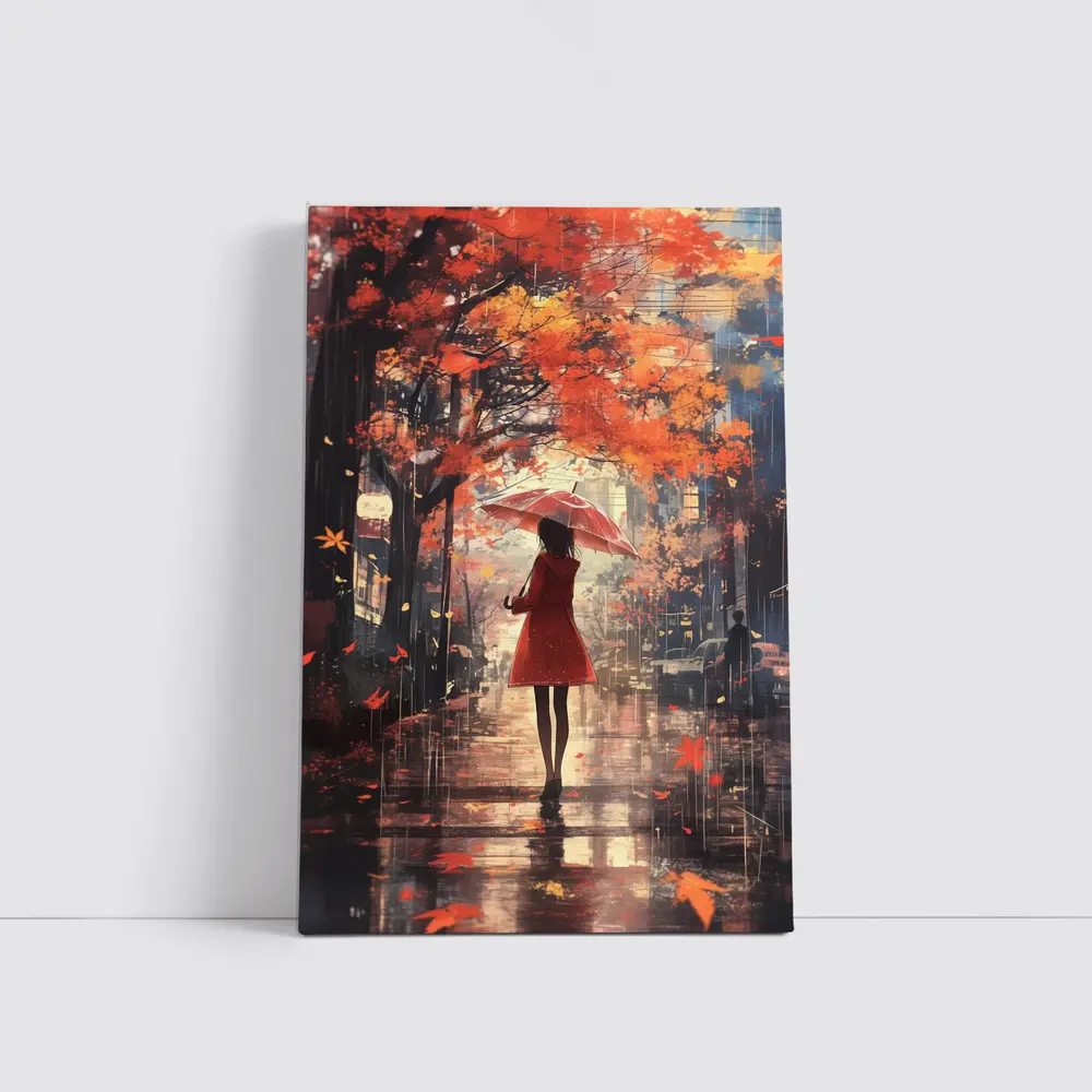 Anime Girl Red Umbrella Autumn Rain Street – Wall Art
