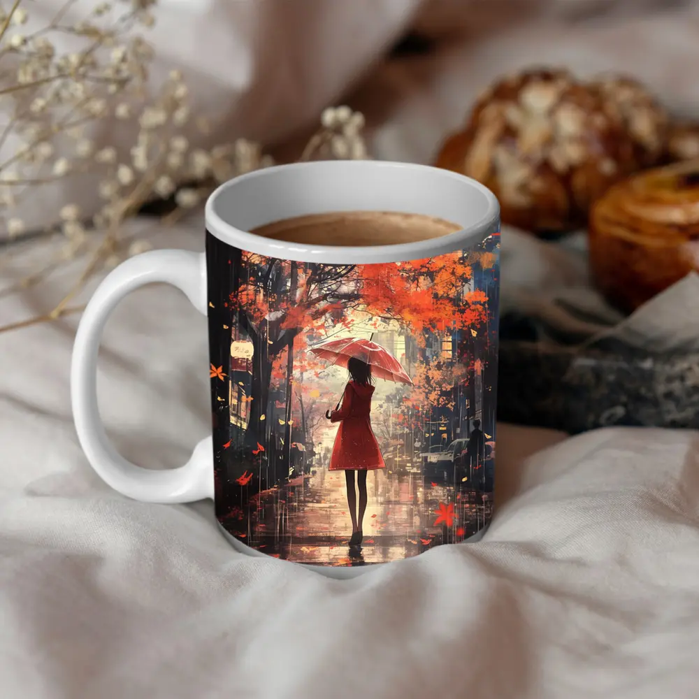 Anime Girl Red Umbrella Autumn Rain Street – Mugs