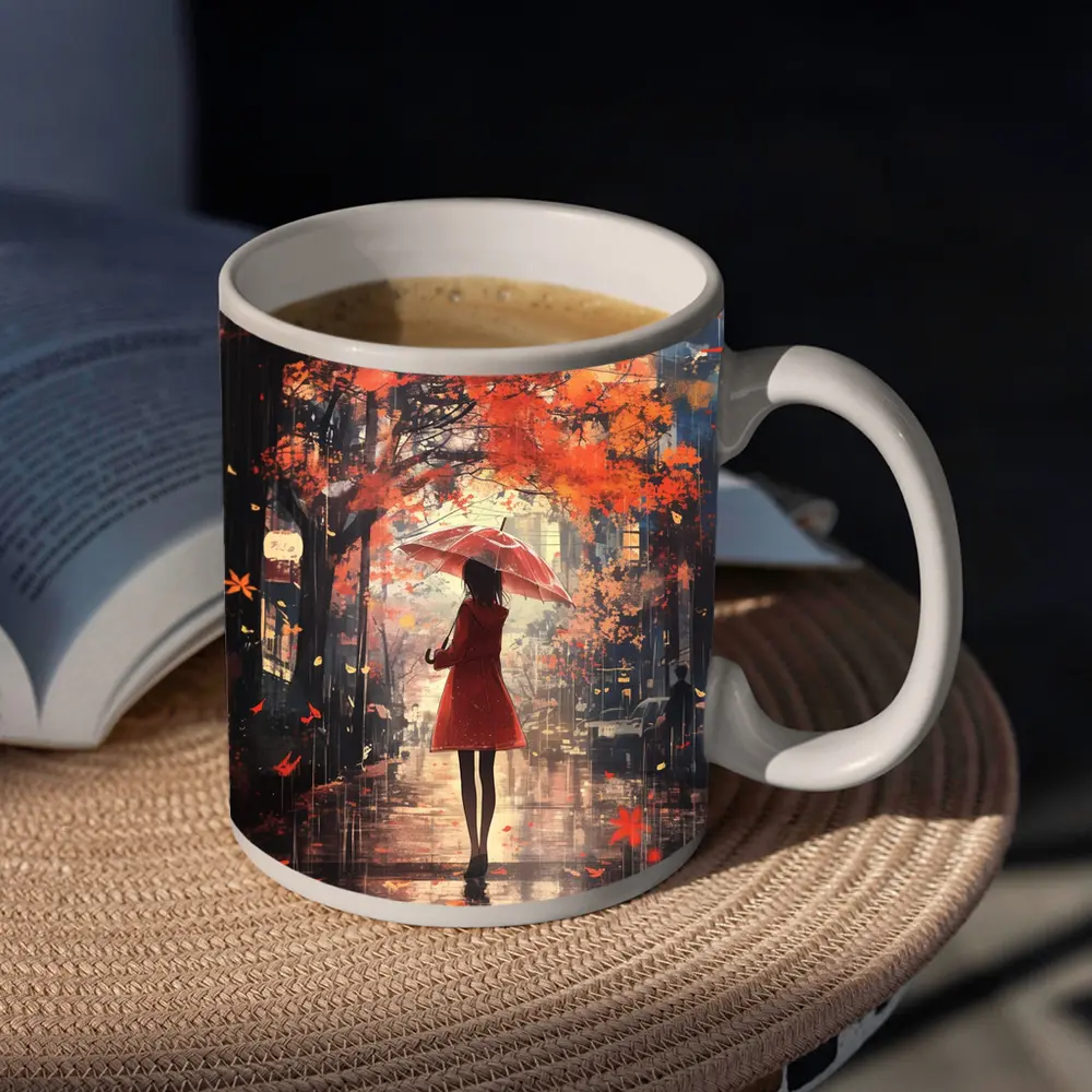Anime Girl Red Umbrella Autumn Rain Street – Mugs