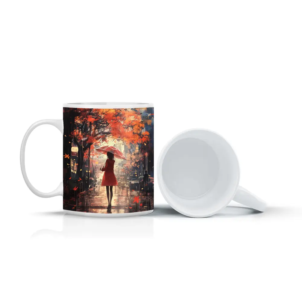 Anime Girl Red Umbrella Autumn Rain Street – Mugs