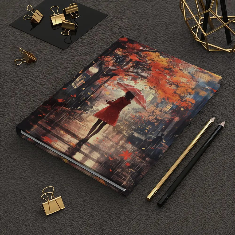Anime Girl Red Umbrella Autumn Rain Street – Notebooks