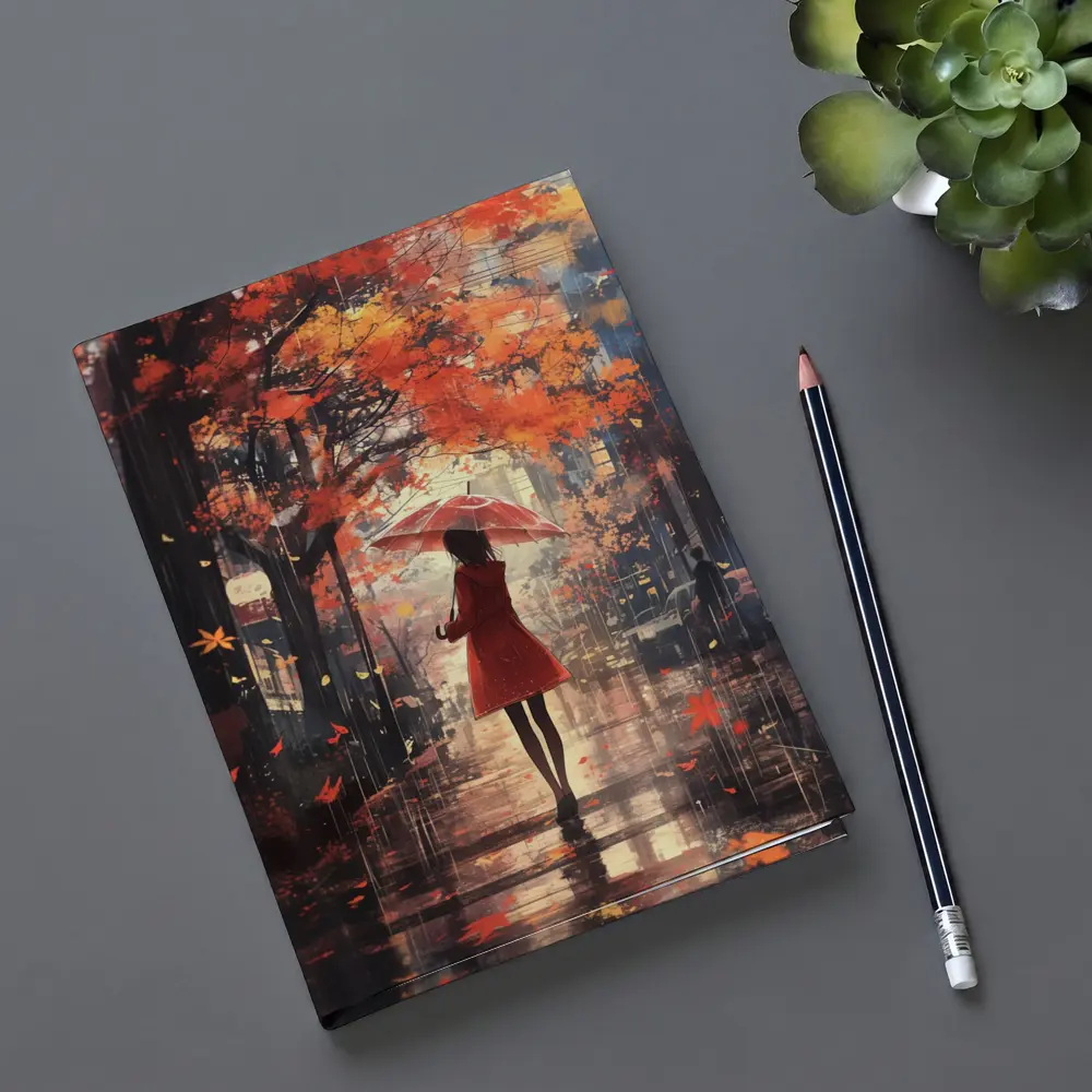 Anime Girl Red Umbrella Autumn Rain Street – Notebooks