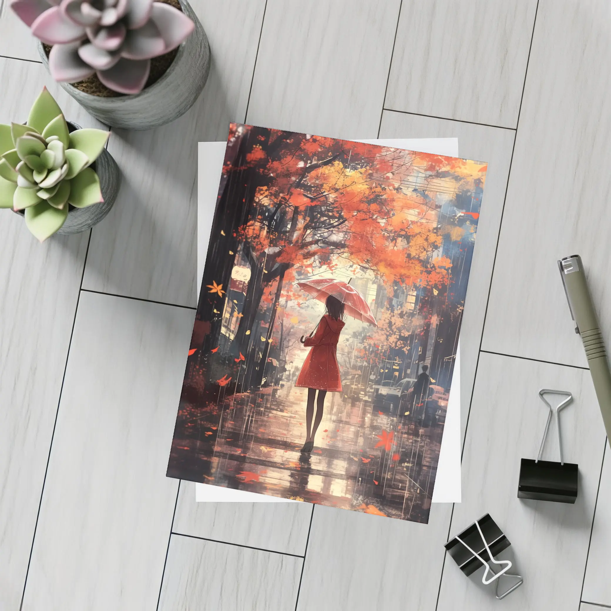 Anime Girl Red Umbrella Autumn Rain Street – Postcards