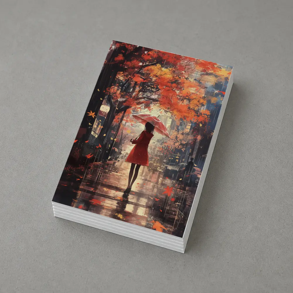 Anime Girl Red Umbrella Autumn Rain Street – Postcards