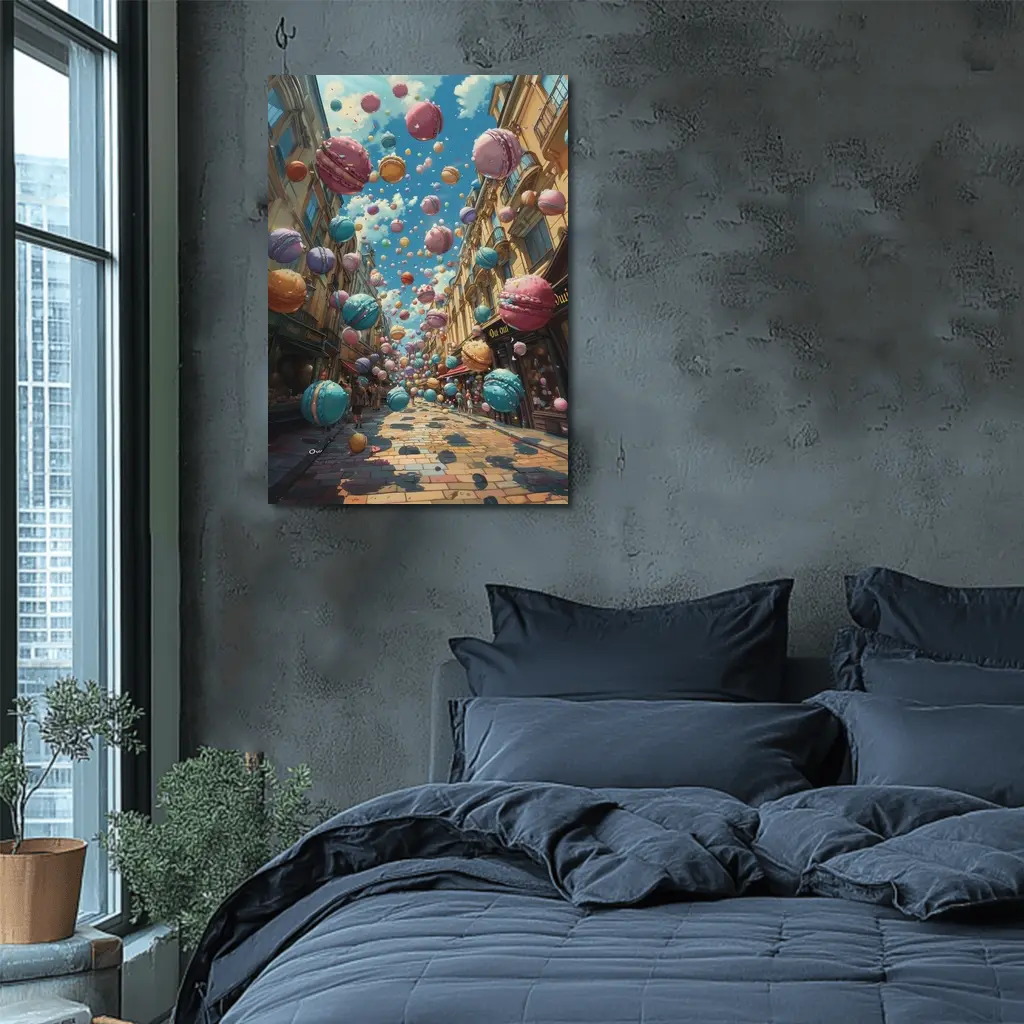 Macarons Floating Over Parisian Street Fantasy – Wall Art