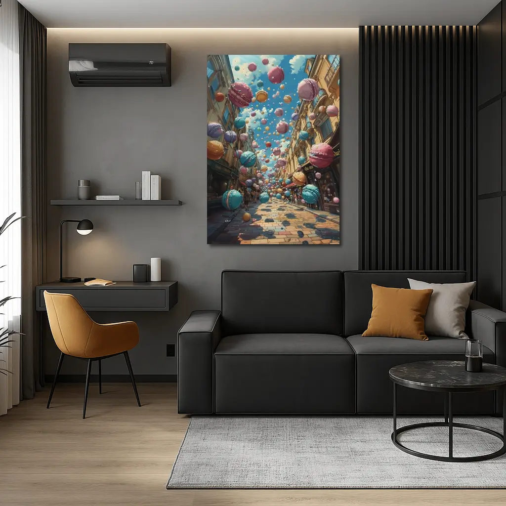Macarons Floating Over Parisian Street Fantasy – Wall Art