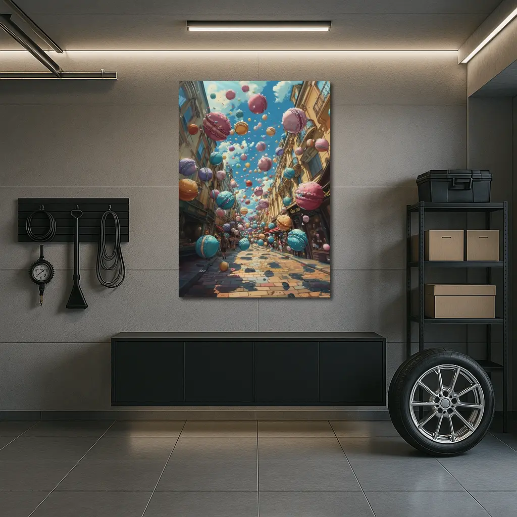 Macarons Floating Over Parisian Street Fantasy – Wall Art