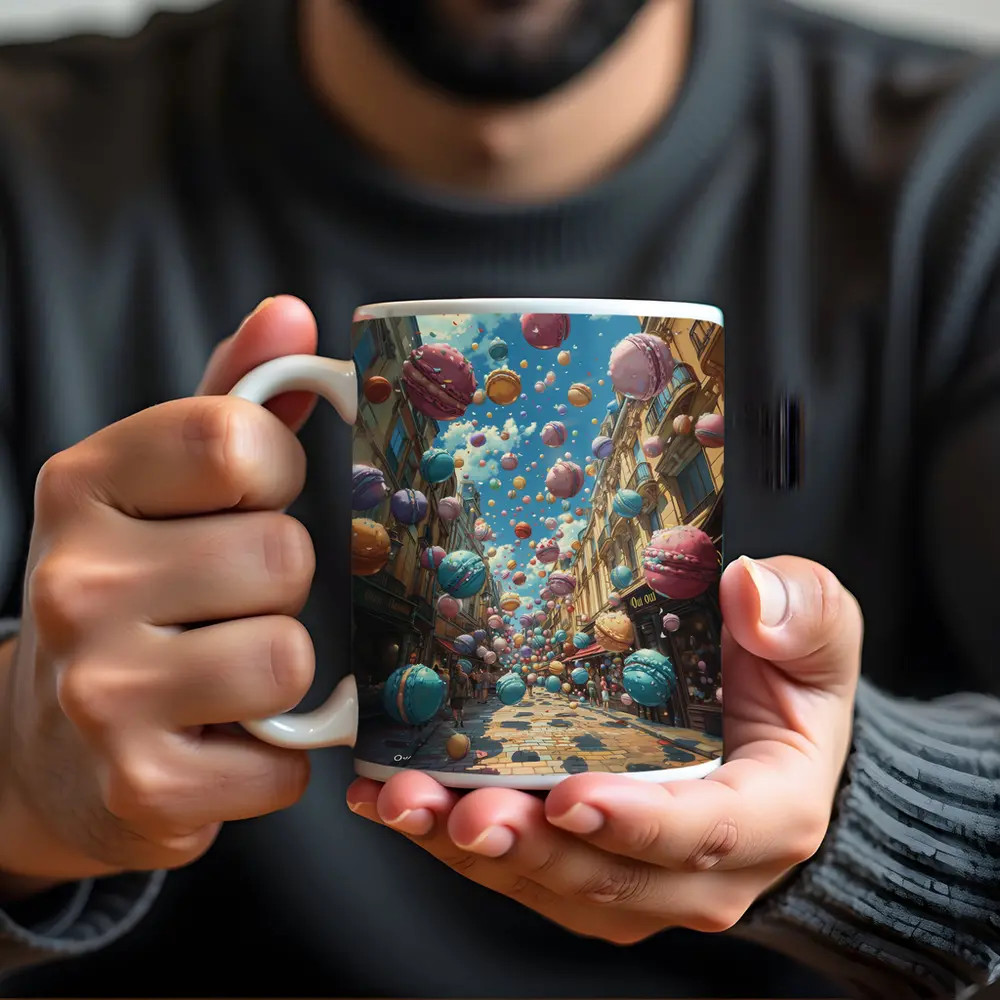 Macarons Floating Over Parisian Street Fantasy – Mugs