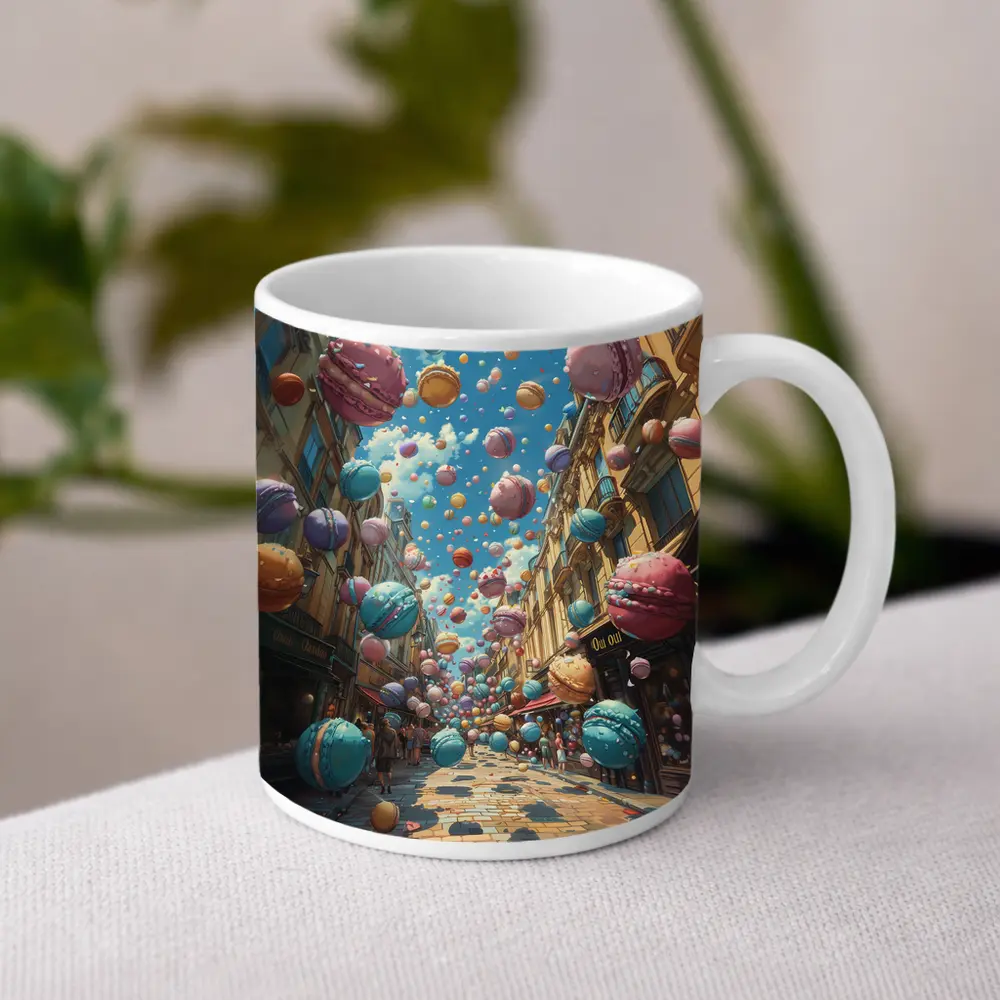Macarons Floating Over Parisian Street Fantasy – Mugs