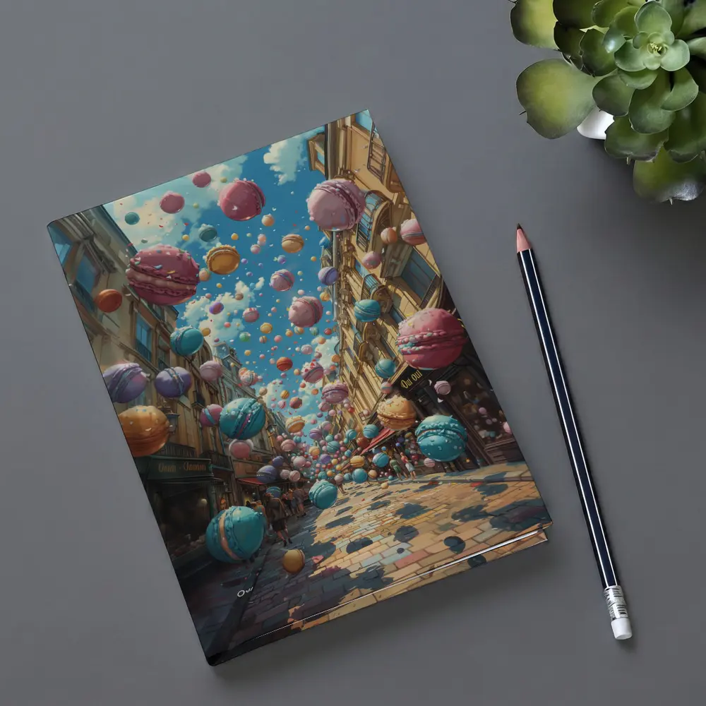 Macarons Floating Over Parisian Street Fantasy – Notebooks