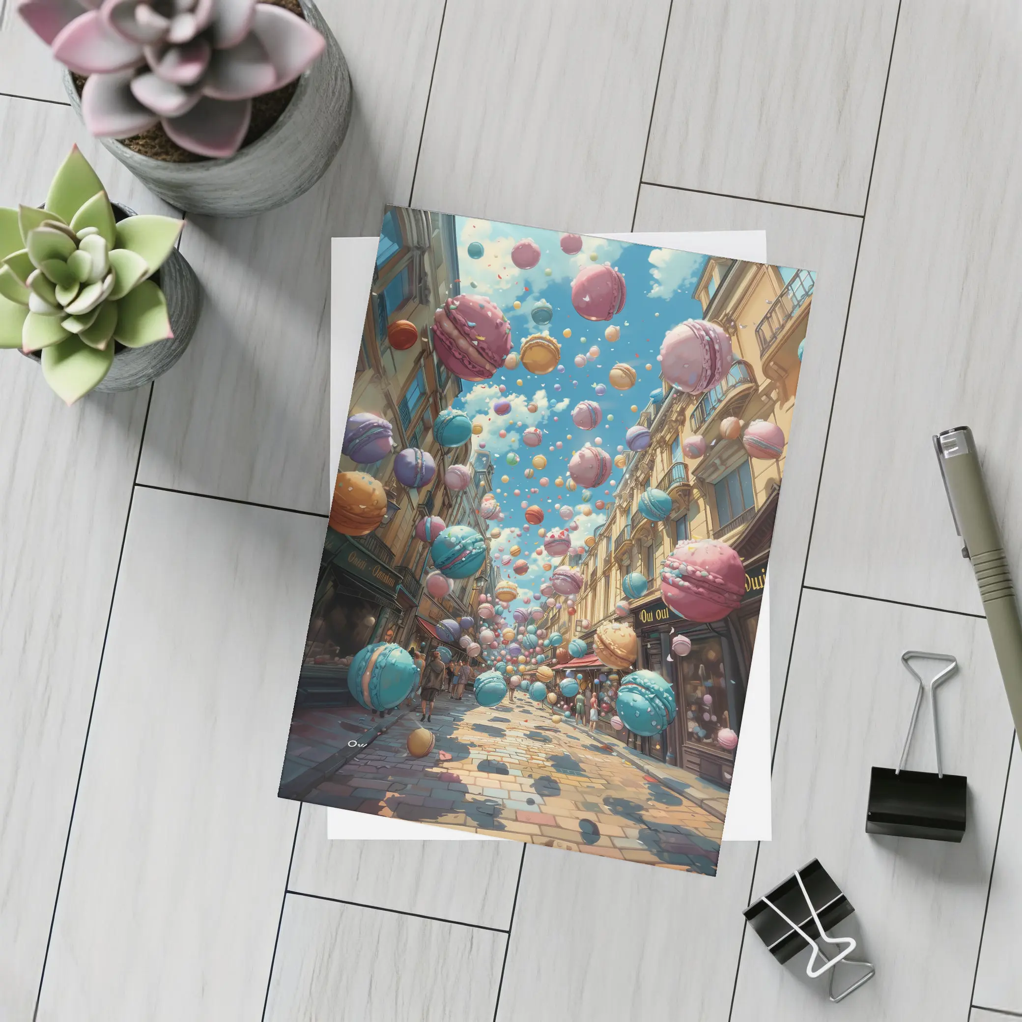 Macarons Floating Over Parisian Street Fantasy – Postcards